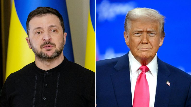 (À g.) Le président ukrainien Volodymyr Zelensky, le 12 février 2025 : (À dr.) Le président américain Donald Trump, le 22 février 2025. (Tetiana Dzhafarova, Alex Wroblewski/AFP via Getty Images)